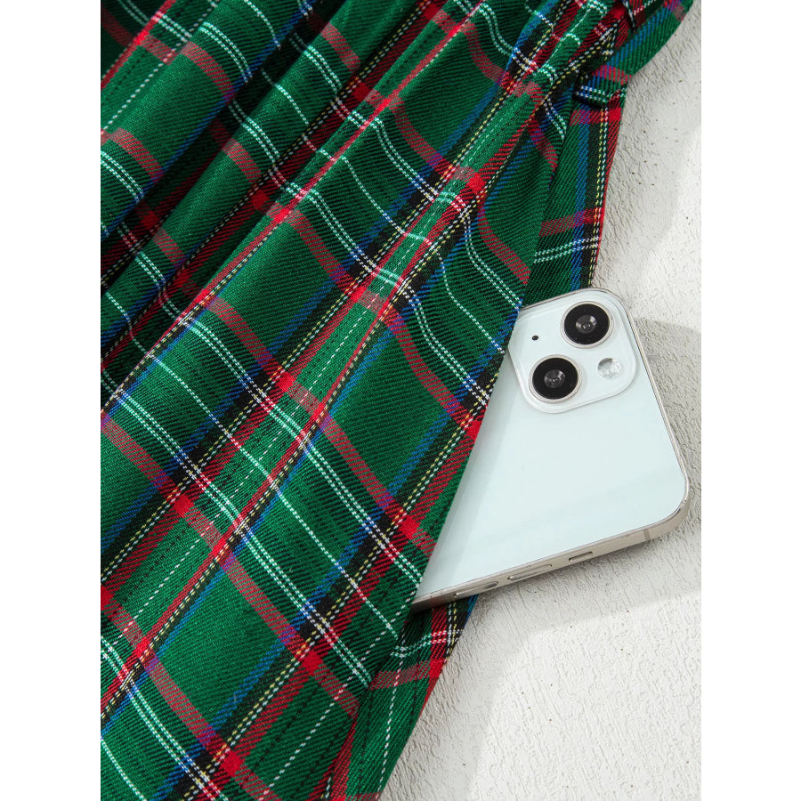 Plaid Square Neck Puff Sleeve Knot Waist Flared Midi Dress Apparel and Accessories