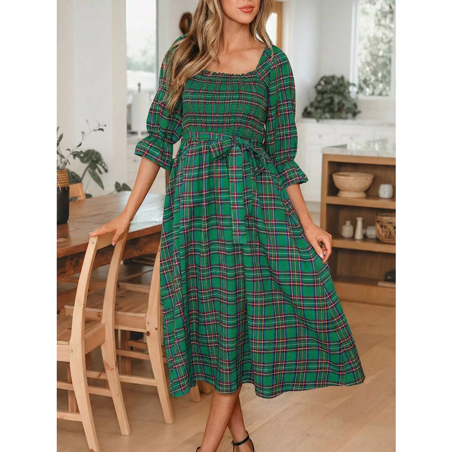 Plaid Square Neck Puff Sleeve Knot Waist Flared Midi Dress Apparel and Accessories