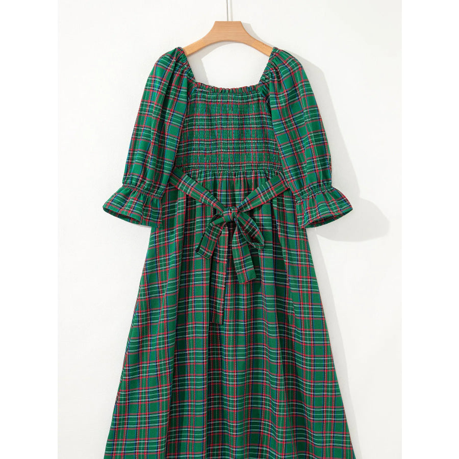 Plaid Square Neck Puff Sleeve Knot Waist Flared Midi Dress Apparel and Accessories