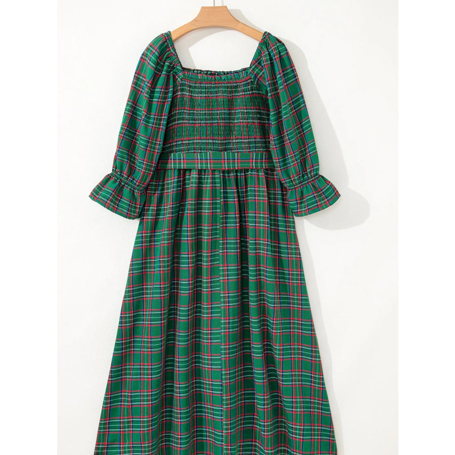 Plaid Square Neck Puff Sleeve Knot Waist Flared Midi Dress Apparel and Accessories