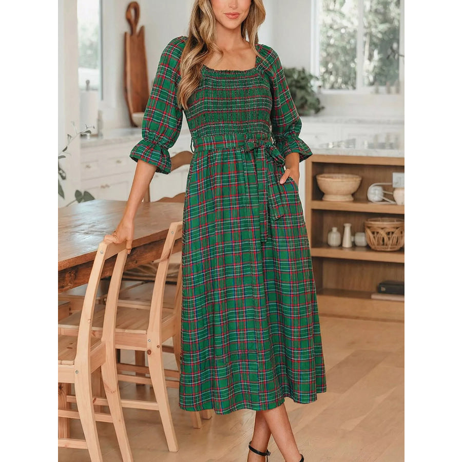 Plaid Square Neck Puff Sleeve Knot Waist Flared Midi Dress Apparel and Accessories