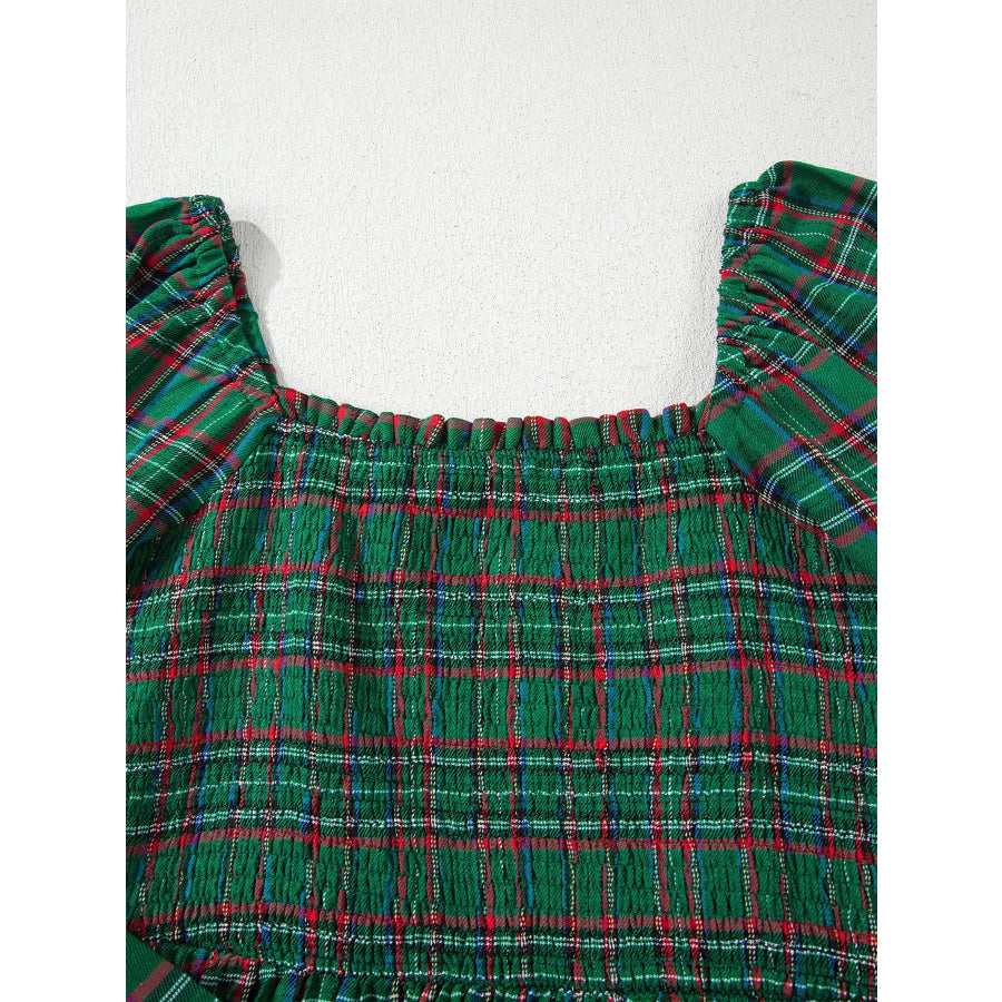 Plaid Square Neck Puff Sleeve Knot Waist Flared Midi Dress Apparel and Accessories