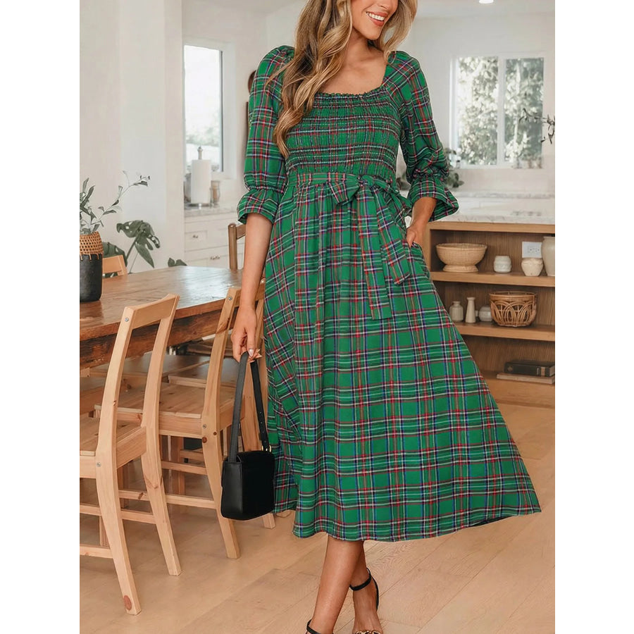 Plaid Square Neck Puff Sleeve Knot Waist Flared Midi Dress Dark Green / S Apparel and Accessories