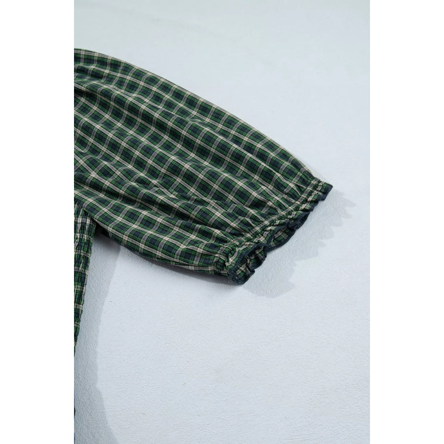 Plaid Square Neck Shirred High Waist Ruffle Hem Maxi Dress Apparel and Accessories