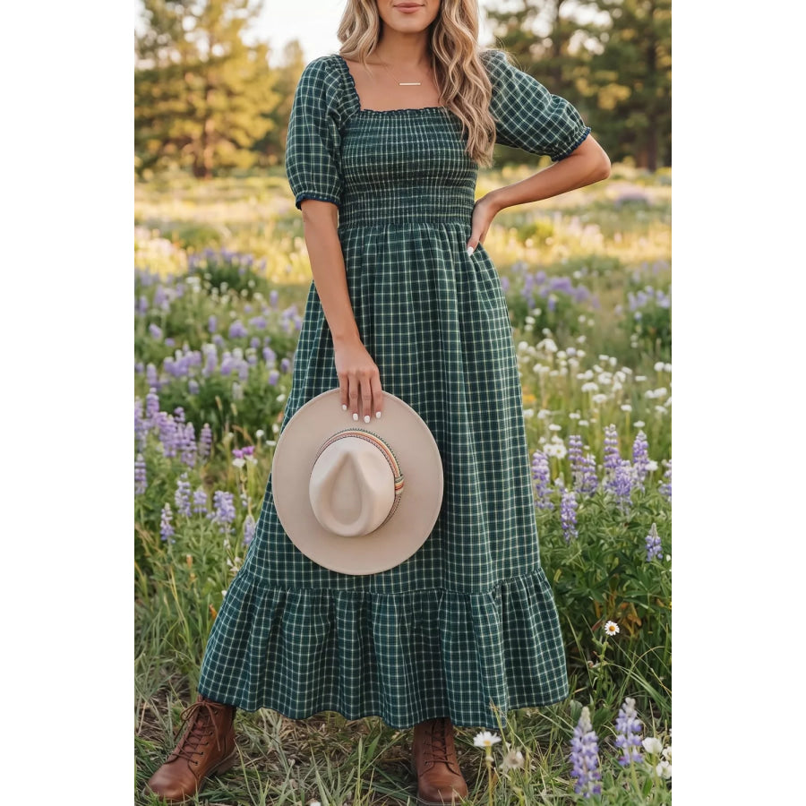 Plaid Square Neck Shirred High Waist Ruffle Hem Maxi Dress Apparel and Accessories