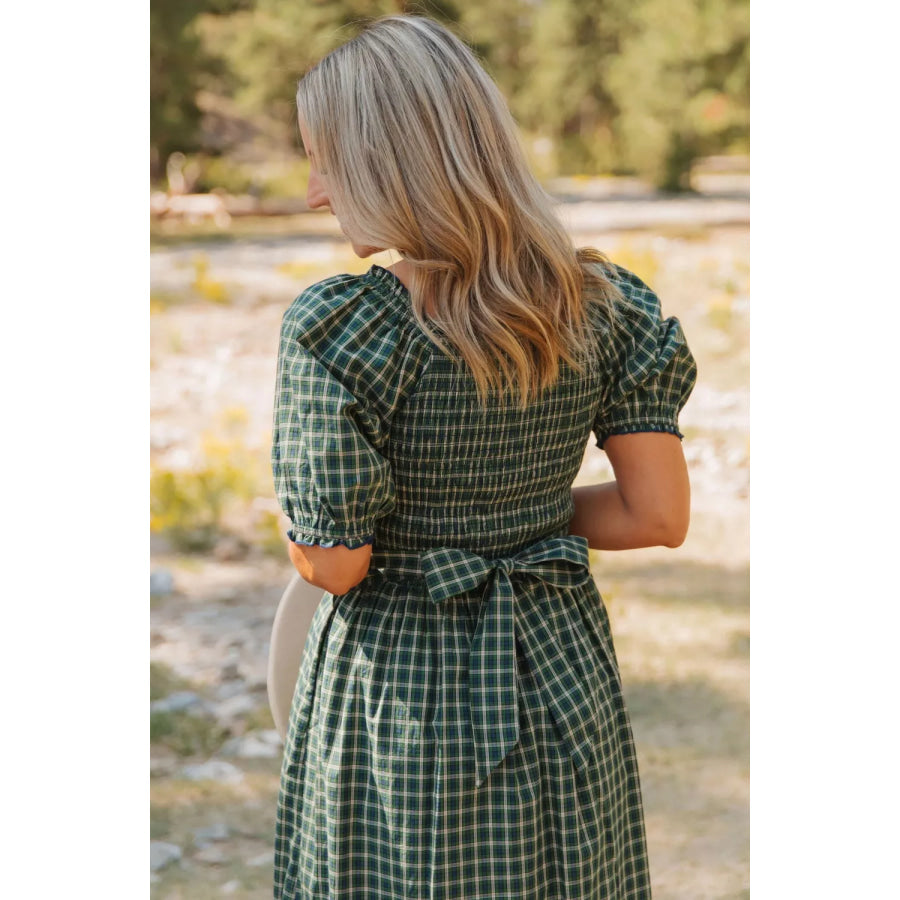 Plaid Square Neck Shirred High Waist Ruffle Hem Maxi Dress Apparel and Accessories