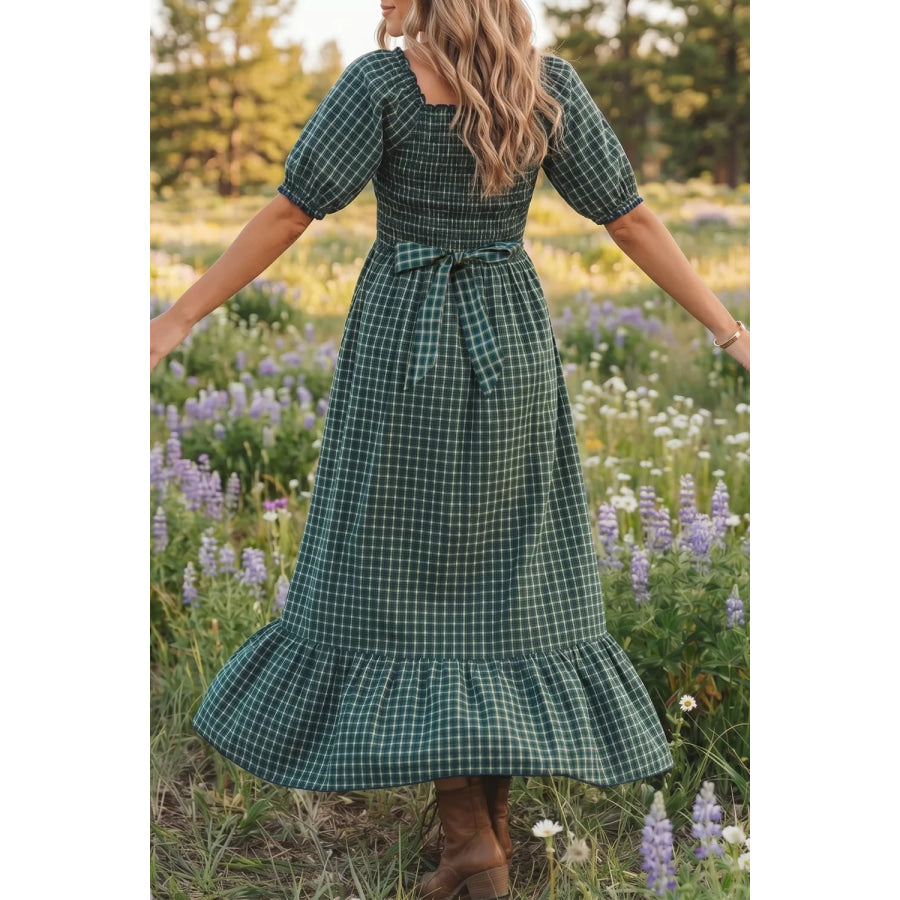 Plaid Square Neck Shirred High Waist Ruffle Hem Maxi Dress Apparel and Accessories