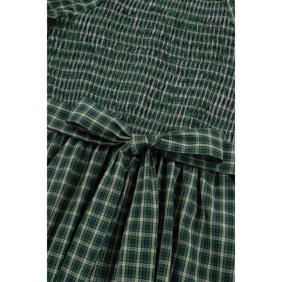 Plaid Square Neck Shirred High Waist Ruffle Hem Maxi Dress Apparel and Accessories
