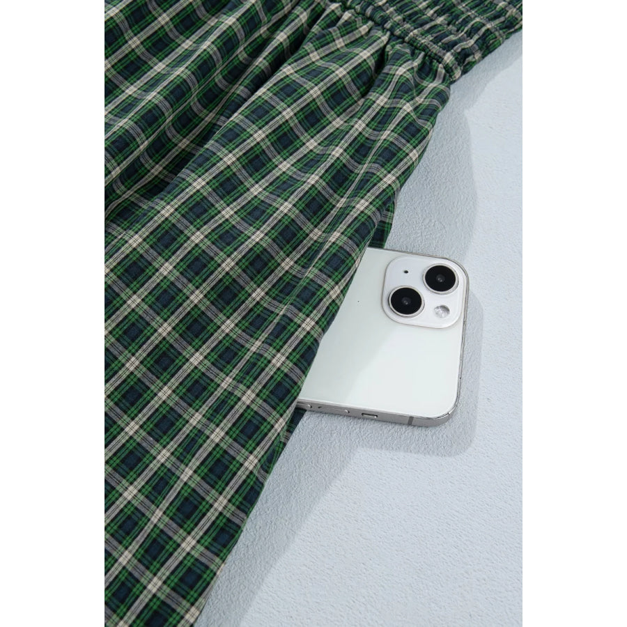 Plaid Square Neck Shirred High Waist Ruffle Hem Maxi Dress Apparel and Accessories
