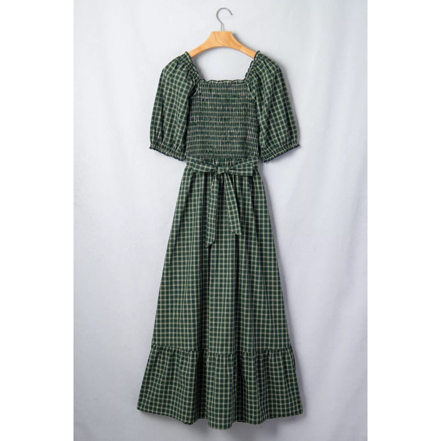 Plaid Square Neck Shirred High Waist Ruffle Hem Maxi Dress Apparel and Accessories