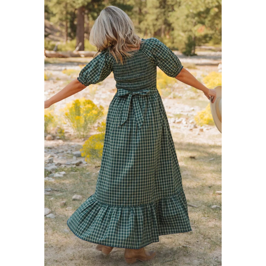 Plaid Square Neck Shirred High Waist Ruffle Hem Maxi Dress Black Forest / S Apparel and Accessories