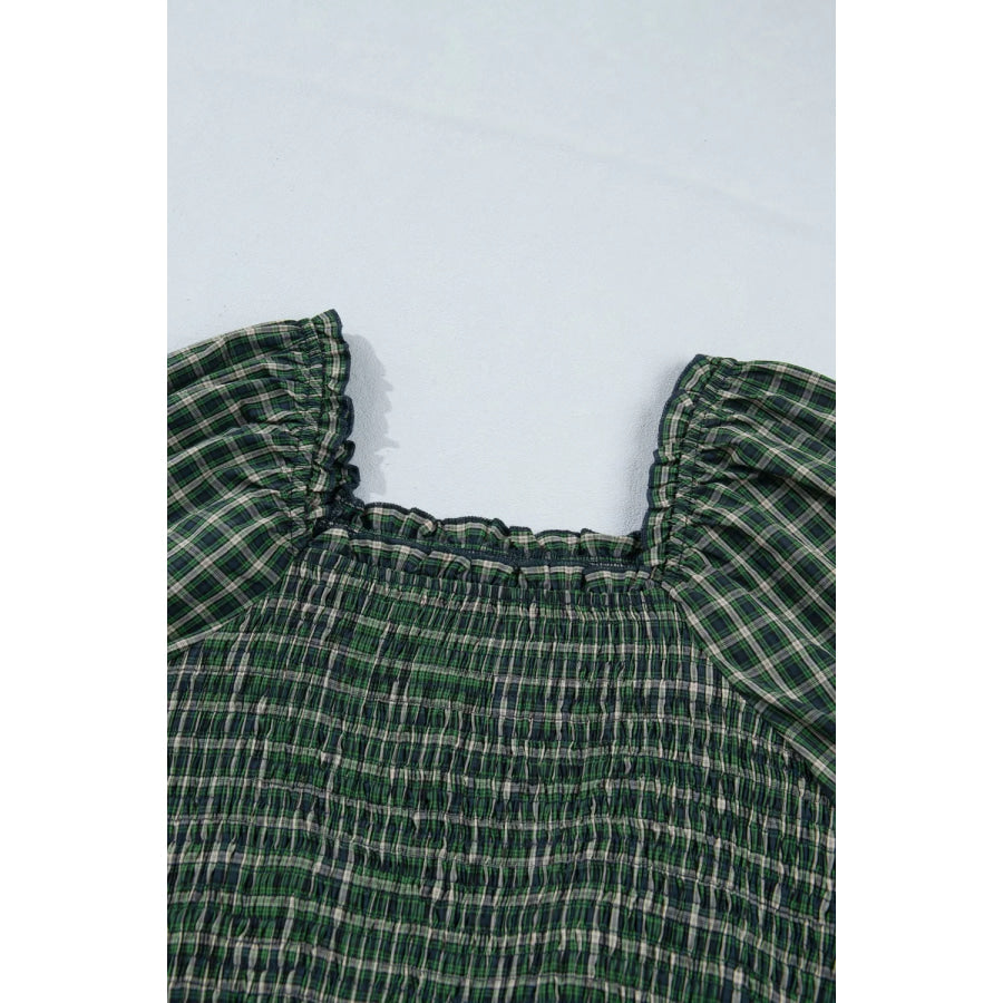 Plaid Square Neck Shirred High Waist Ruffle Hem Maxi Dress Apparel and Accessories