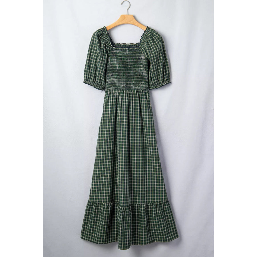Plaid Square Neck Shirred High Waist Ruffle Hem Maxi Dress Apparel and Accessories
