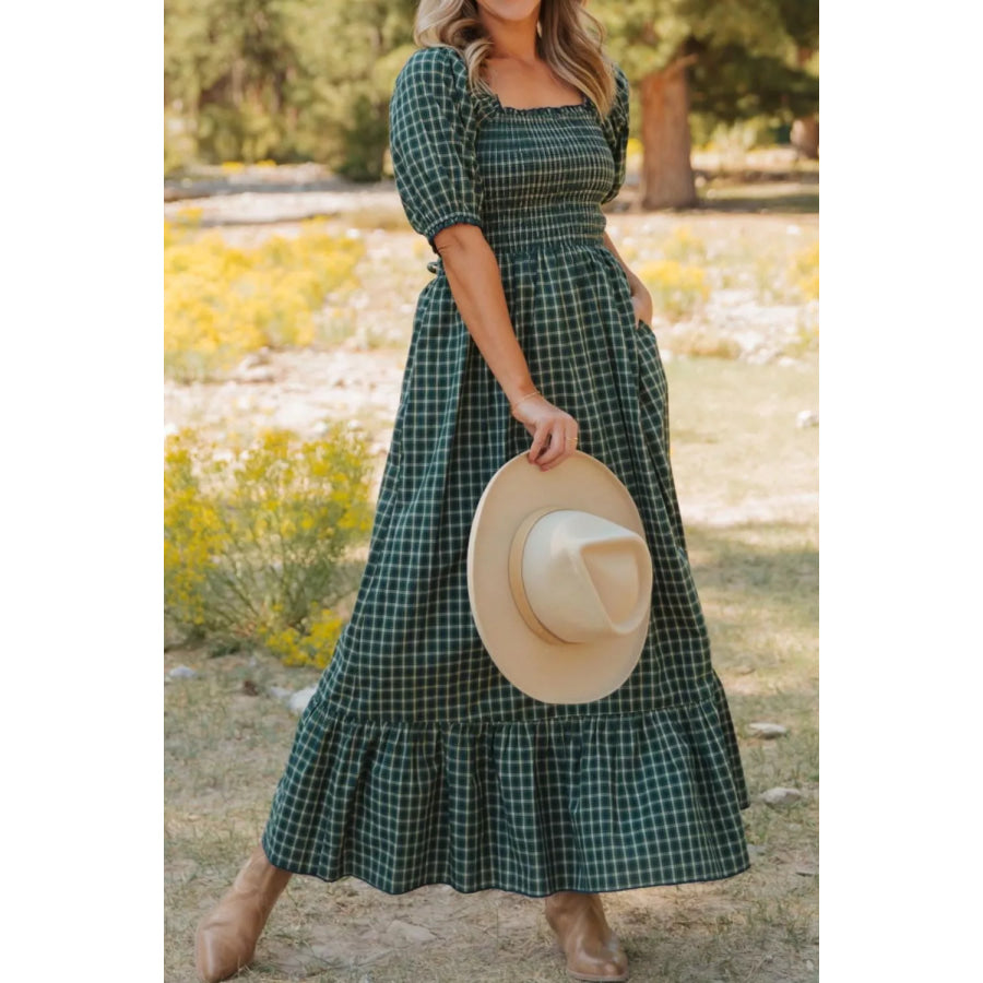 Plaid Square Neck Shirred High Waist Ruffle Hem Maxi Dress Black Forest / S Apparel and Accessories