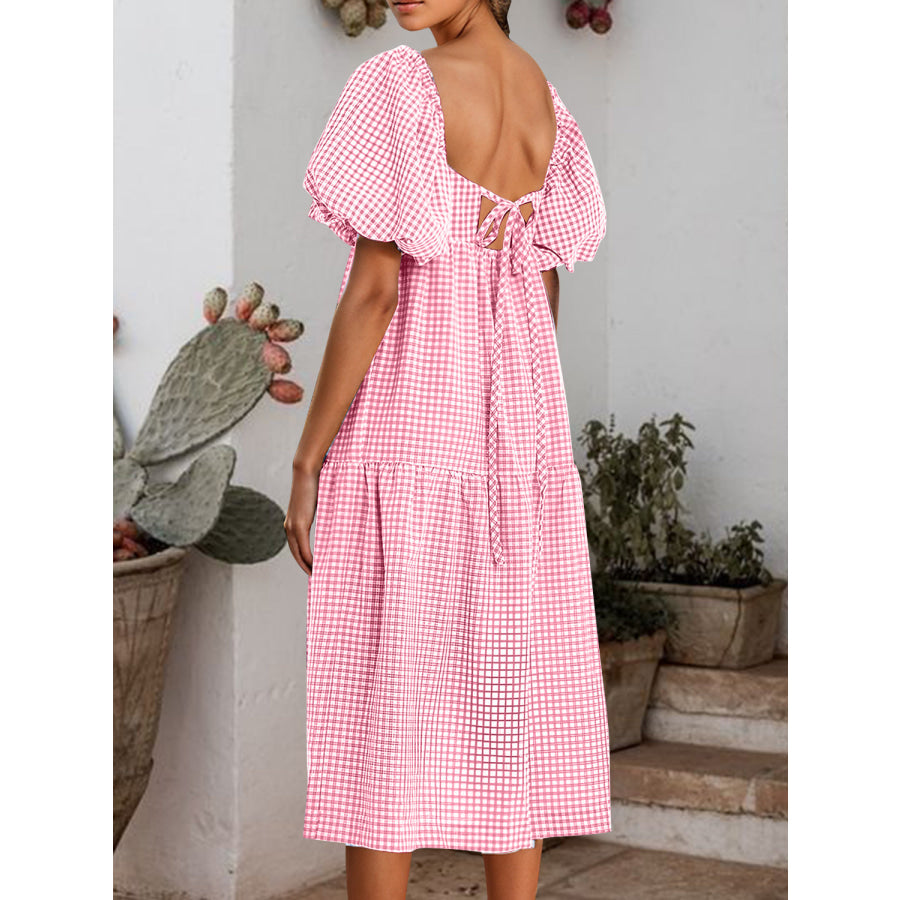 Plaid Square Neck Short Sleeve Dress Apparel and Accessories