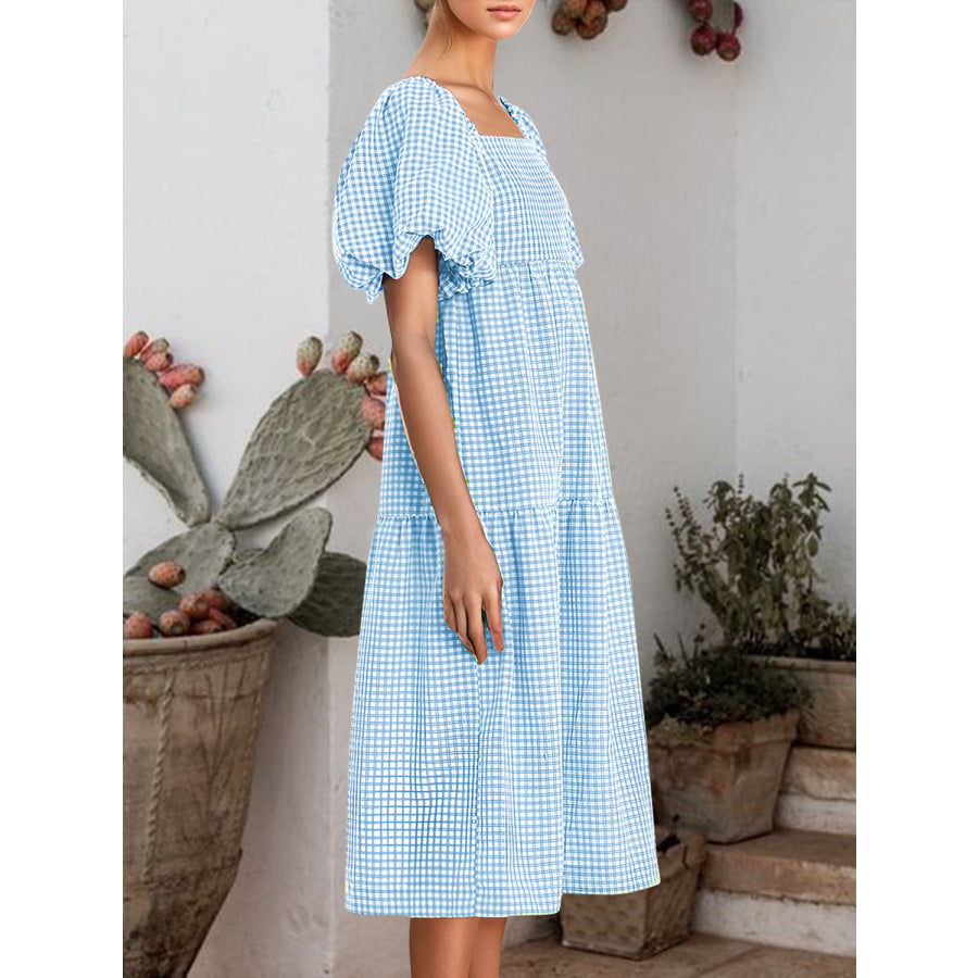 Plaid Square Neck Short Sleeve Dress Apparel and Accessories