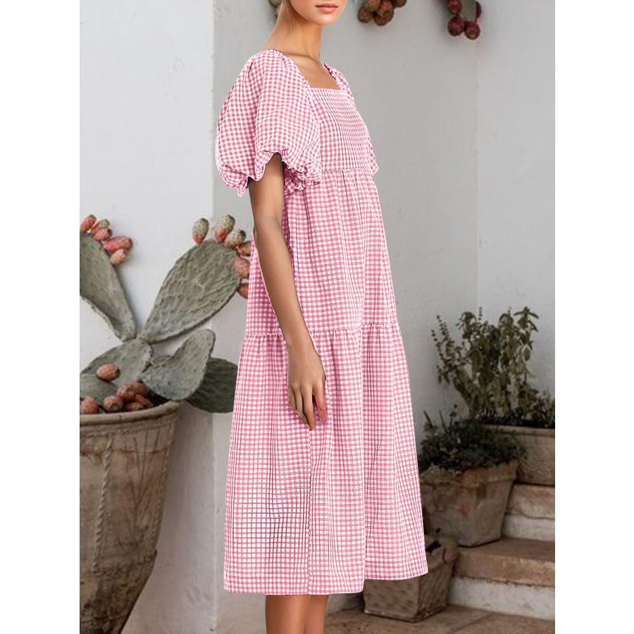 Plaid Square Neck Short Sleeve Dress Dusty Pink / S Apparel and Accessories