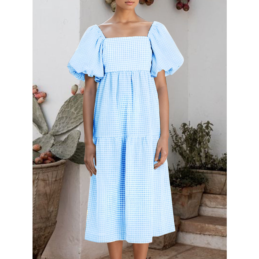 Plaid Square Neck Short Sleeve Dress Light Blue / S Apparel and Accessories