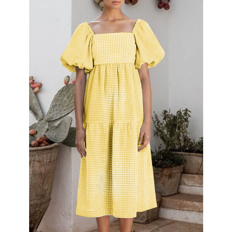 Plaid Square Neck Short Sleeve Dress Yellow / S Apparel and Accessories