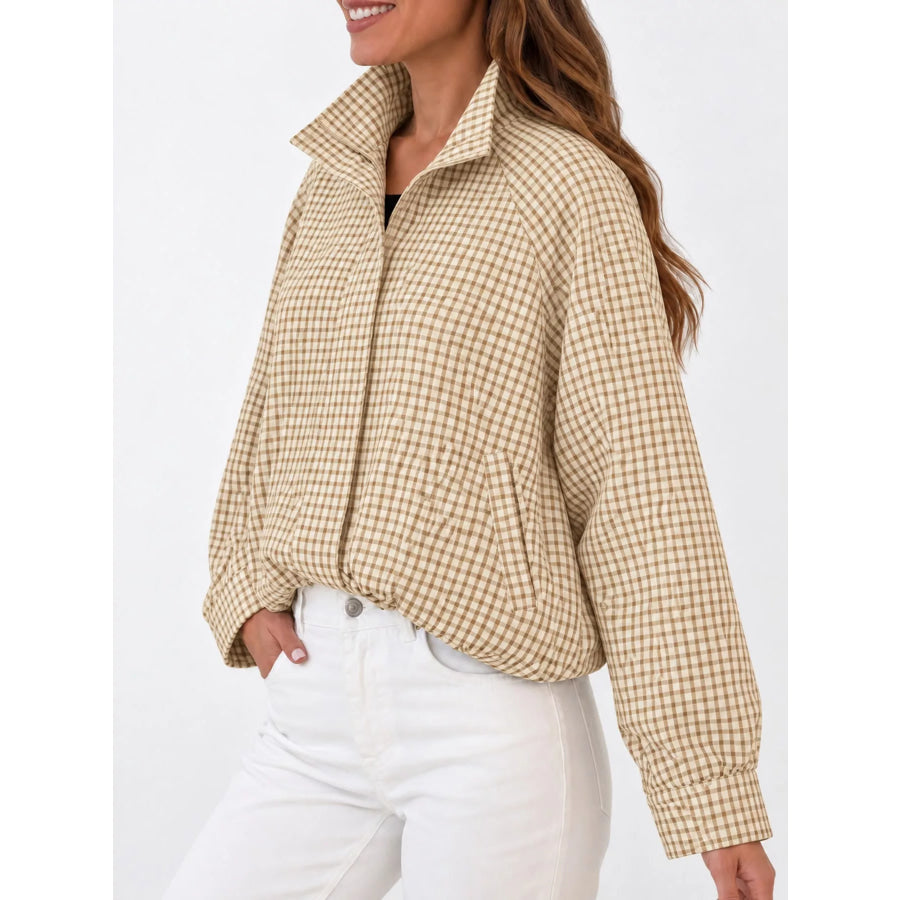 Plaid Stand-Collar Cropped Jacket Apparel and Accessories