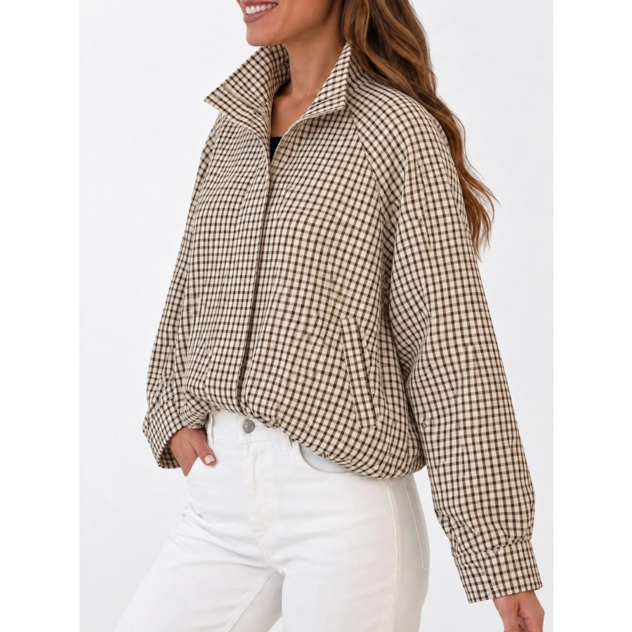 Plaid Stand-Collar Cropped Jacket Apparel and Accessories