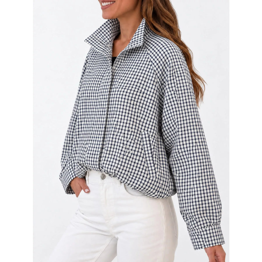 Plaid Stand-Collar Cropped Jacket Apparel and Accessories