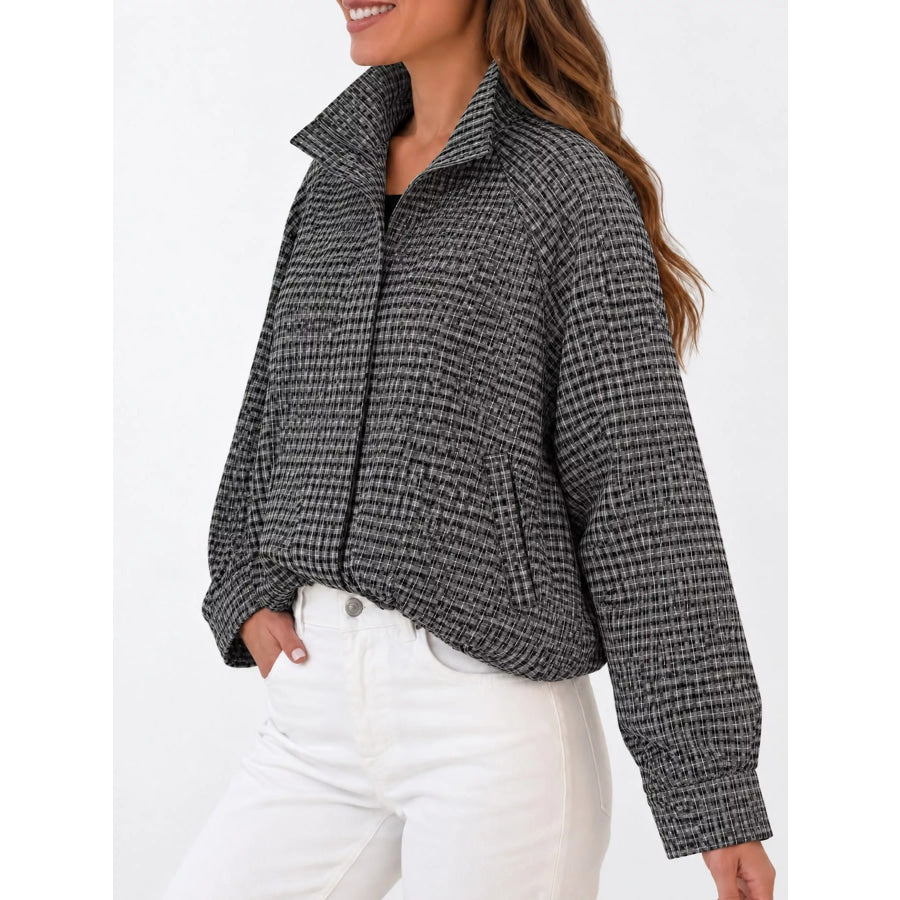 Plaid Stand-Collar Cropped Jacket Apparel and Accessories