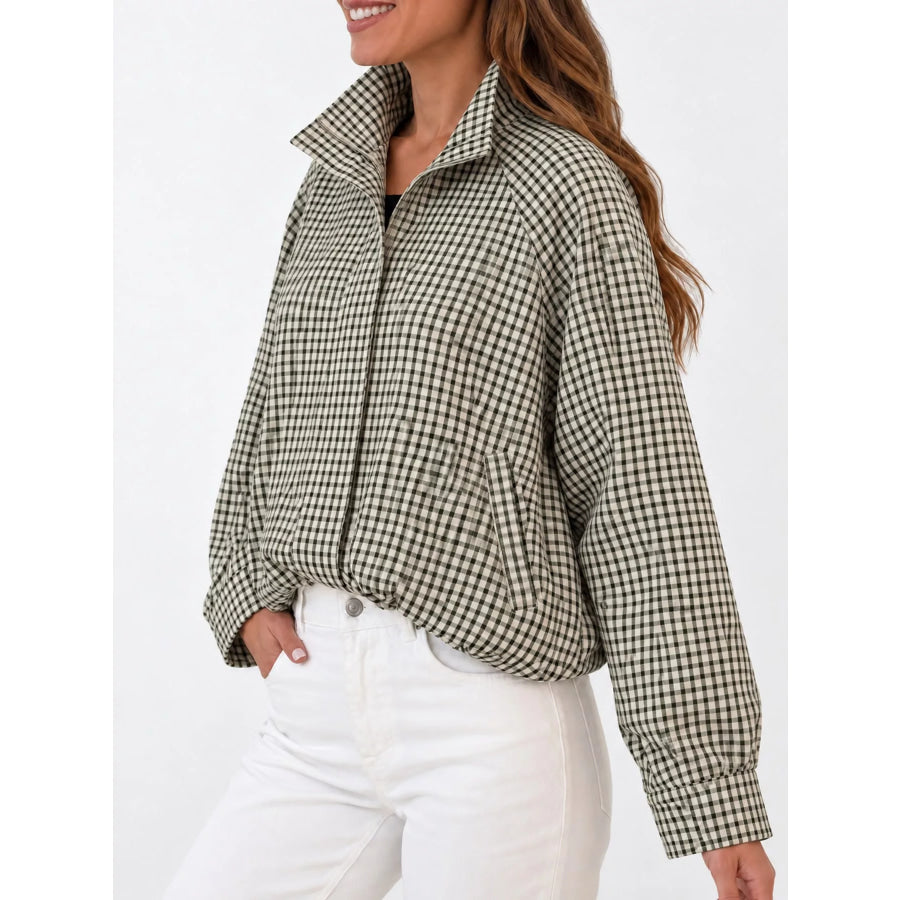 Plaid Stand-Collar Cropped Jacket Apparel and Accessories