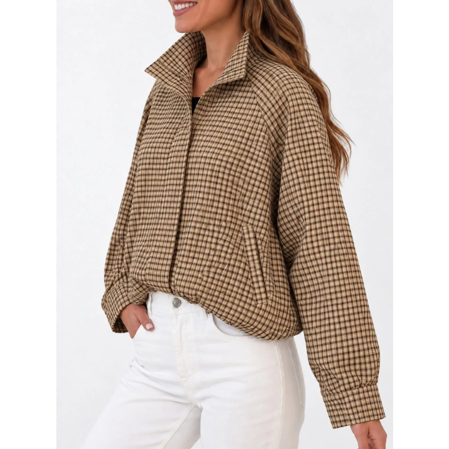 Plaid Stand-Collar Cropped Jacket Apparel and Accessories