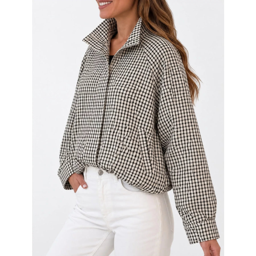 Plaid Stand-Collar Cropped Jacket Apparel and Accessories