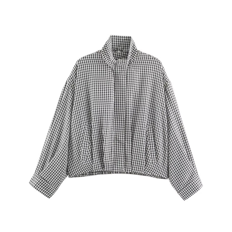 Plaid Stand-Collar Cropped Jacket Apparel and Accessories