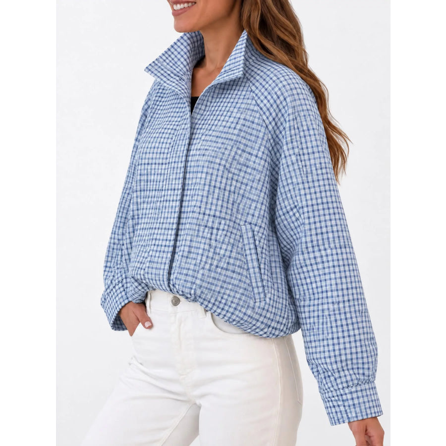 Plaid Stand-Collar Cropped Jacket Apparel and Accessories