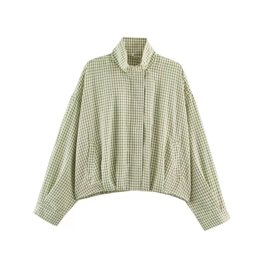 Plaid Stand-Collar Cropped Jacket Aqua Green / XS Apparel and Accessories