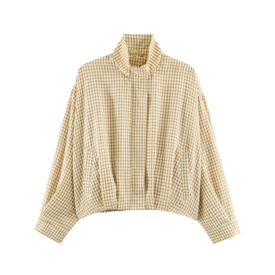 Plaid Stand-Collar Cropped Jacket Beige / XS Apparel and Accessories