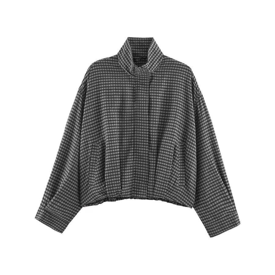 Plaid Stand-Collar Cropped Jacket Black And Gray / XS Apparel Accessories