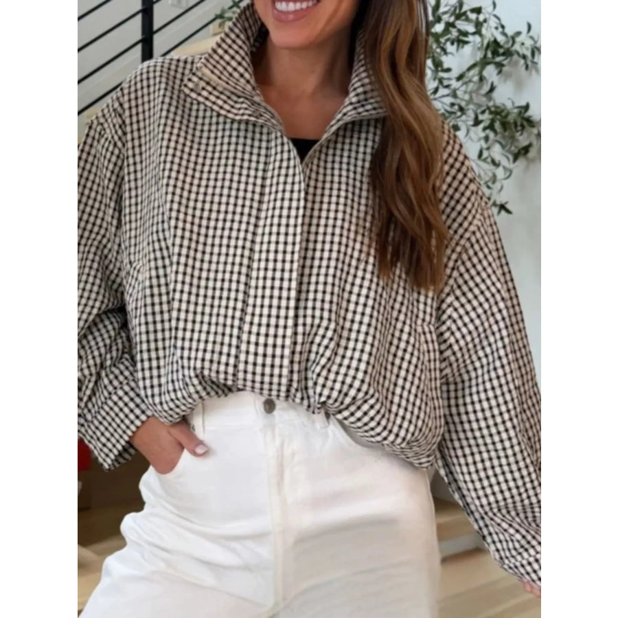 Plaid Stand-Collar Cropped Jacket Black And White / XS Apparel Accessories