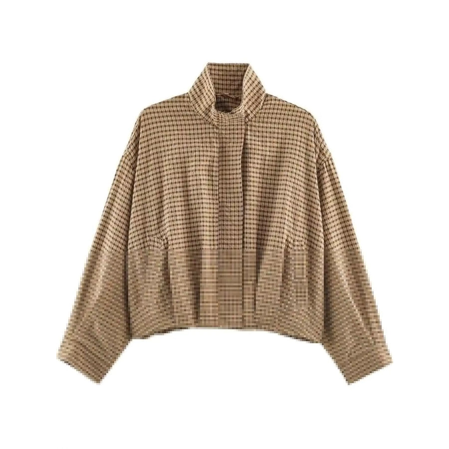 Plaid Stand-Collar Cropped Jacket Dark Brown / XS Apparel and Accessories
