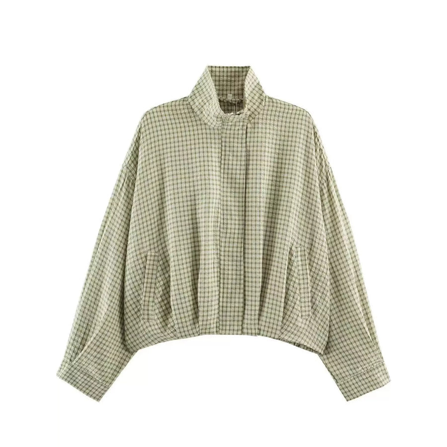Plaid Stand-Collar Cropped Jacket Grass Green / XS Apparel and Accessories