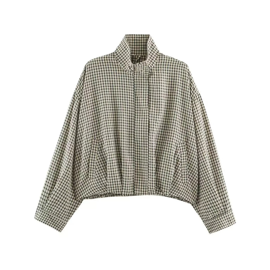 Plaid Stand-Collar Cropped Jacket Khaki / XS Apparel and Accessories