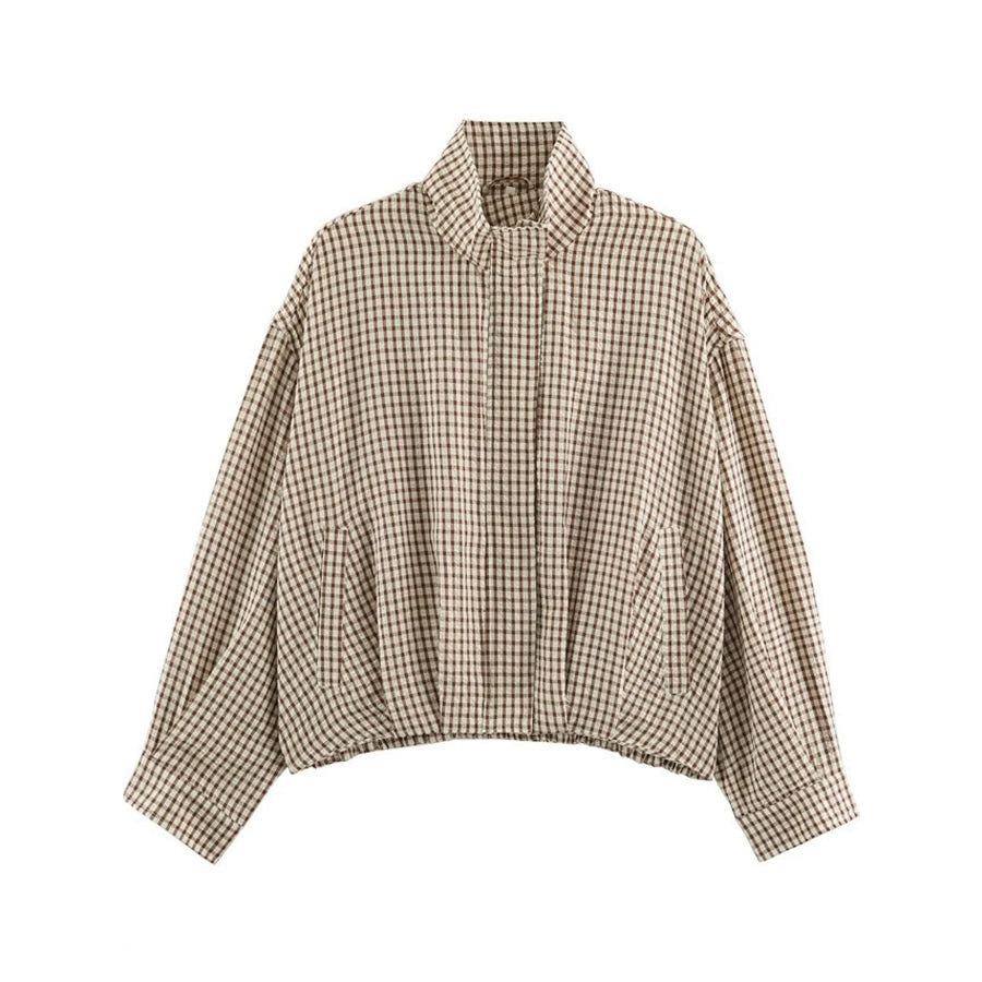 Plaid Stand-Collar Cropped Jacket Light Brown / XS Apparel and Accessories