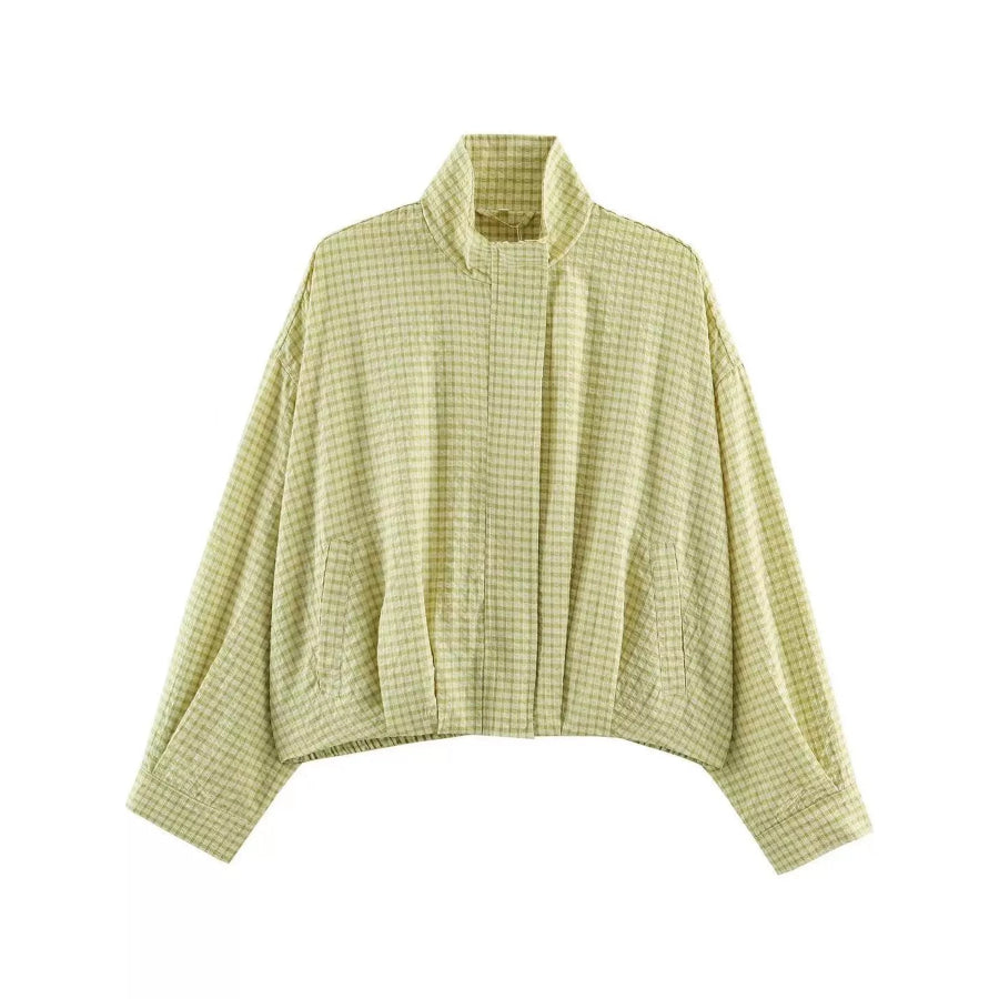 Plaid Stand-Collar Cropped Jacket Lime Green / XS Apparel and Accessories
