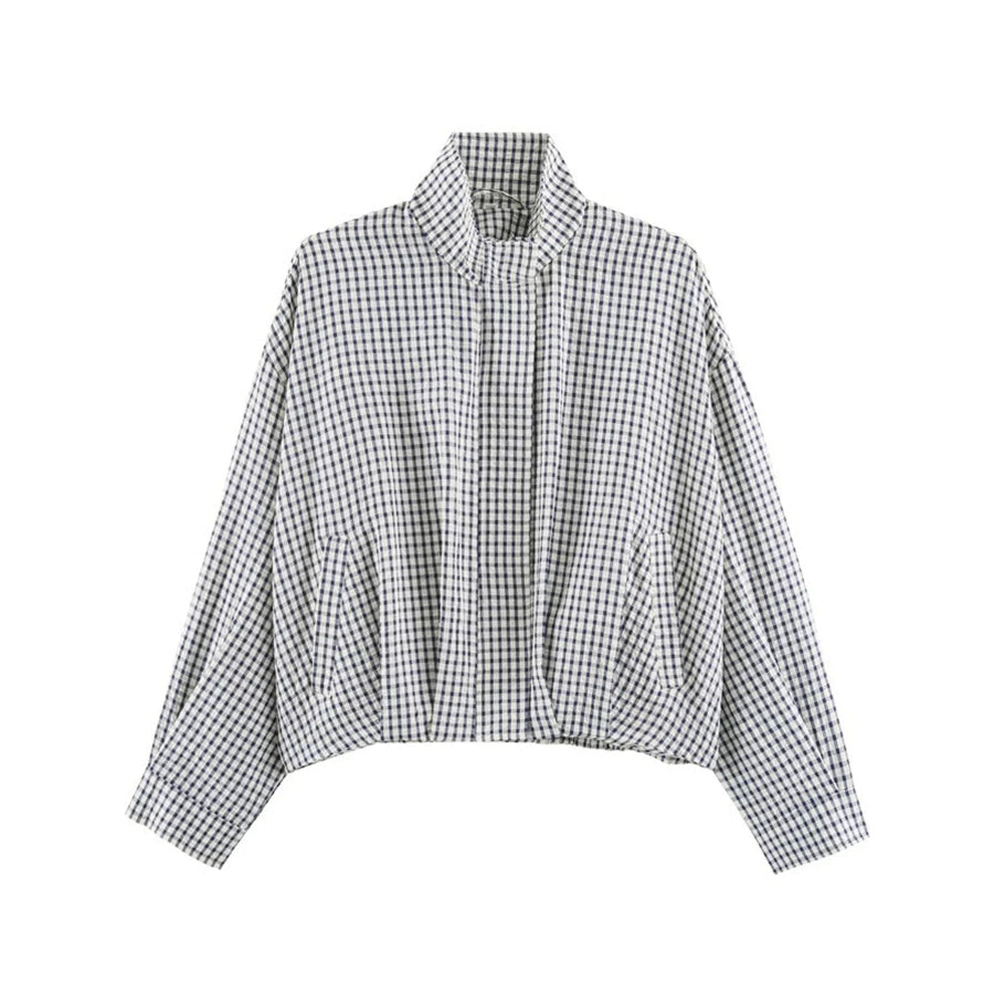 Plaid Stand-Collar Cropped Jacket Navy / XS Apparel and Accessories