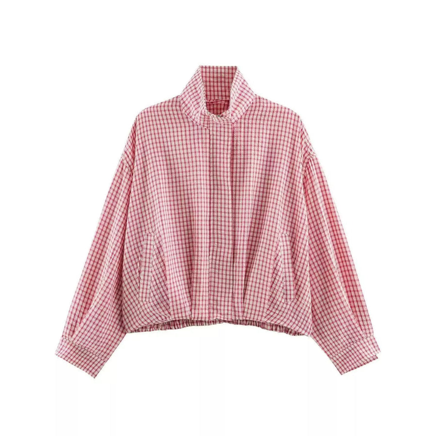 Plaid Stand-Collar Cropped Jacket Pale Pink / XS Apparel and Accessories