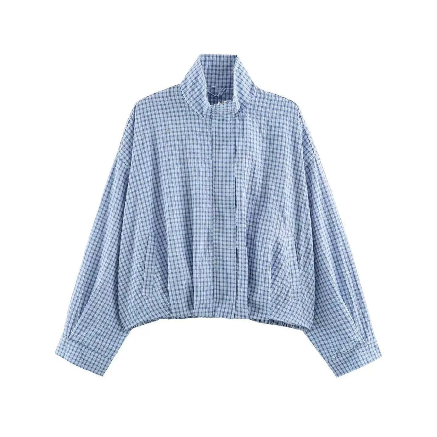 Plaid Stand-Collar Cropped Jacket Sky Blue / XS Apparel and Accessories