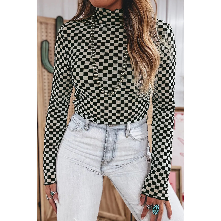 Plaid Stand Neck Long Sleeve Mesh Top Apparel and Accessories
