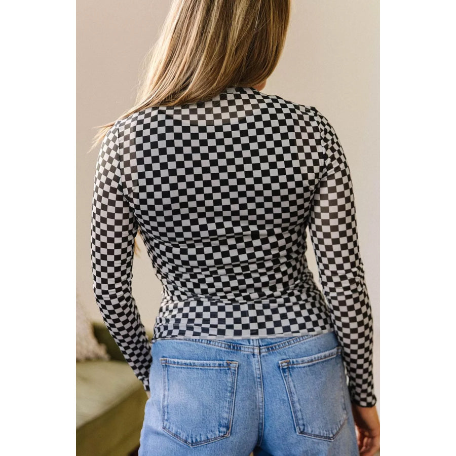 Plaid Stand Neck Long Sleeve Mesh Top Apparel and Accessories