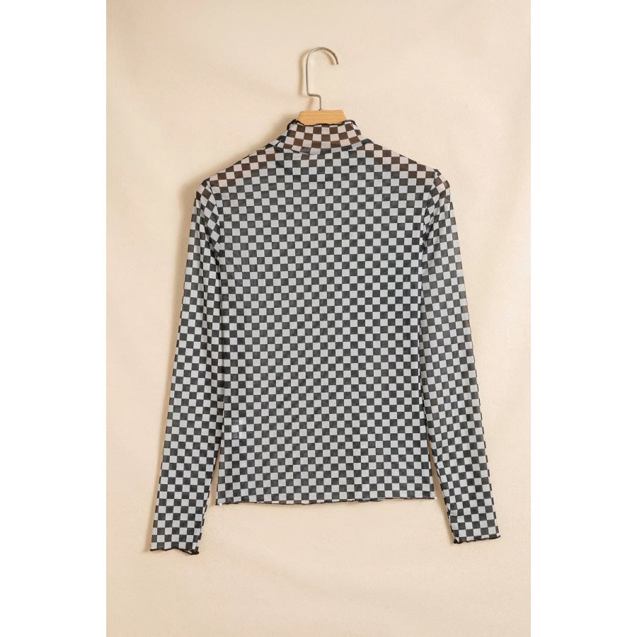 Plaid Stand Neck Long Sleeve Mesh Top Apparel and Accessories