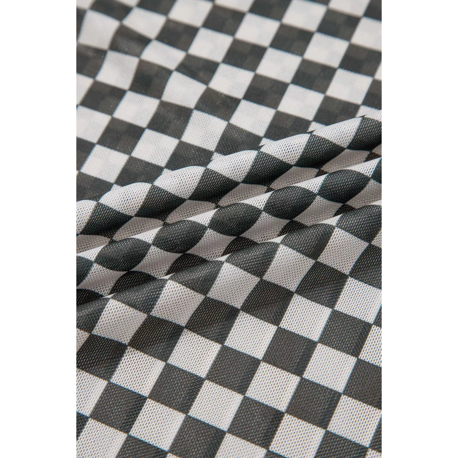 Plaid Stand Neck Long Sleeve Mesh Top Apparel and Accessories