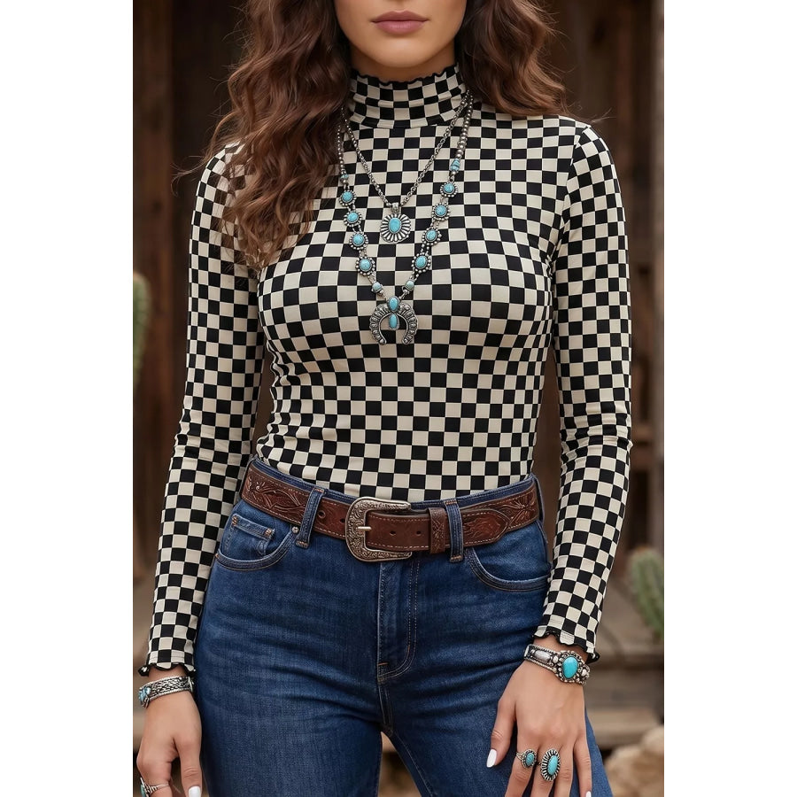 Plaid Stand Neck Long Sleeve Mesh Top Apparel and Accessories