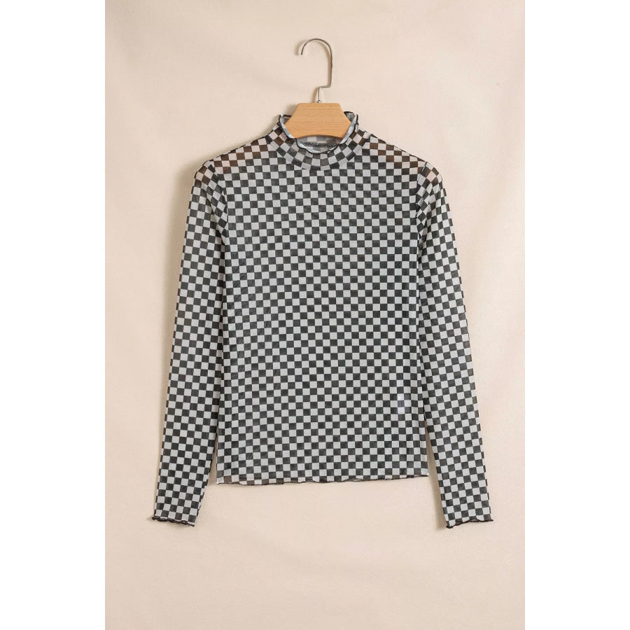 Plaid Stand Neck Long Sleeve Mesh Top Apparel and Accessories